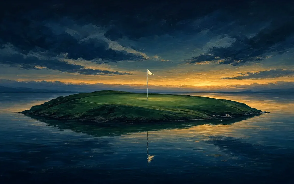 Blue Hour Island: an island green with a single flagstick on still water at blue hour, a Links & Light art print