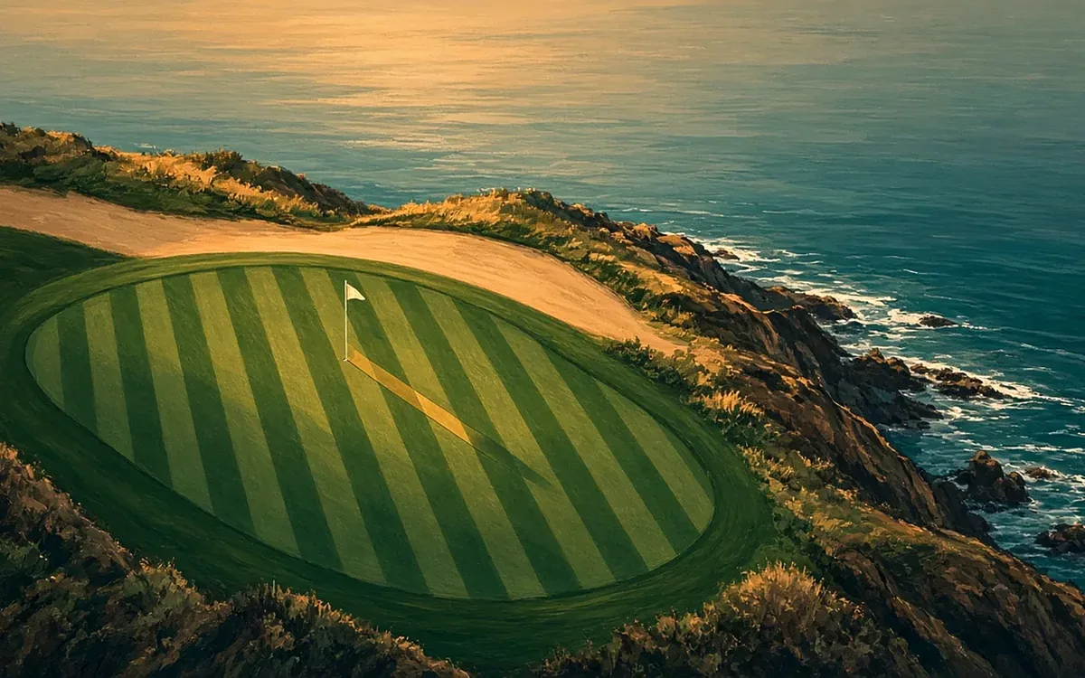Cliffside Green: a mown, striped green with a flagstick on a clifftop above the ocean, a sandy path behind, a Links & Light art print