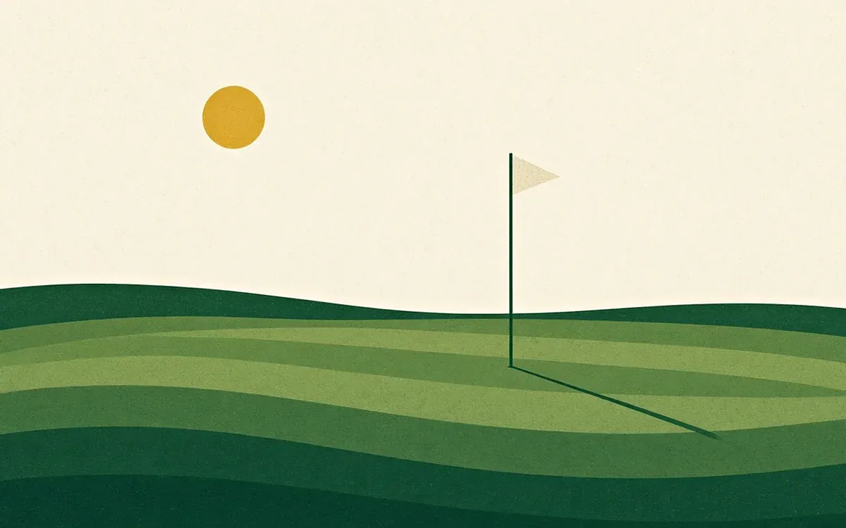 Pin at Dusk: a minimalist flagstick casting a long shadow across mown stripes under a low gold sun, a Links & Light art print