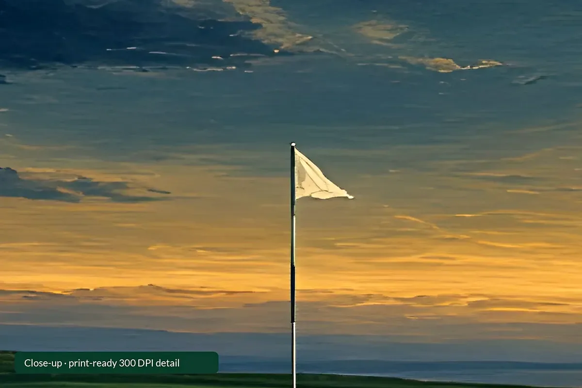 Blue Hour Island framed on a wall: an island green with a flagstick on still water, printable golf wall art