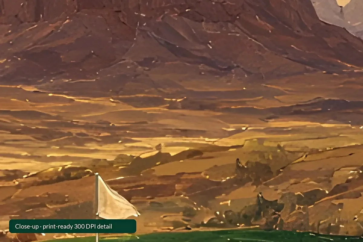 Desert Dawn framed on a wall: a desert green and flagstick among mesas, printable golf wall art