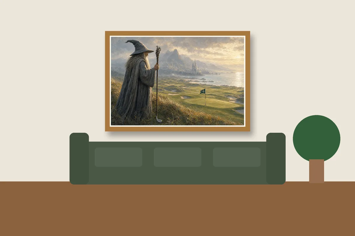 Dawn Patrol at the Sea Gate framed on a wall, printable golf wall art