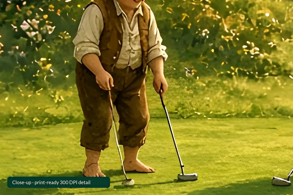 Second Breakfast at the Turn framed on a wall: village folk putting on a flagged hillside green, printable golf wall art