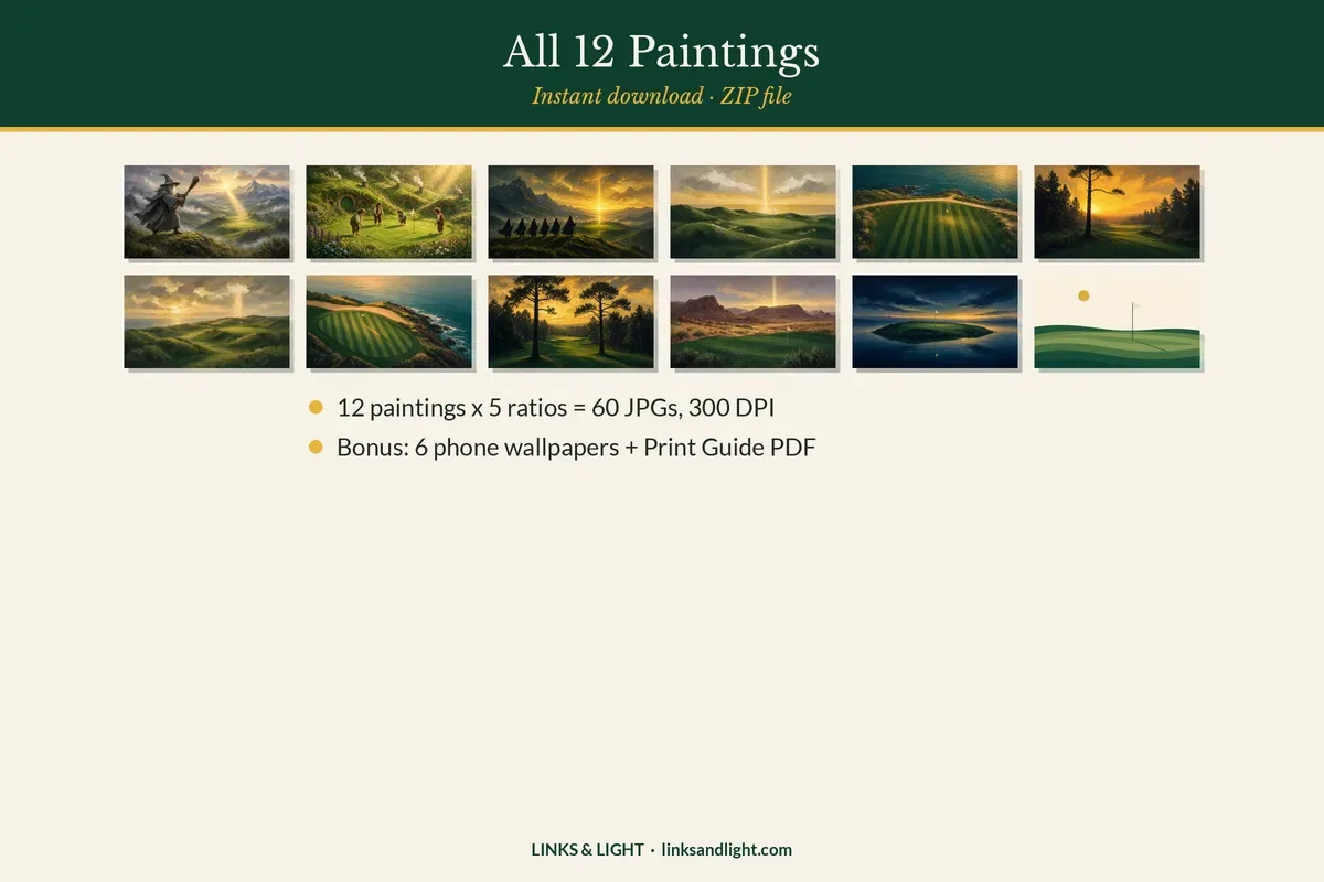 The Last Light Collection: One Bundle to Rule Them All framed on a wall, printable golf wall art