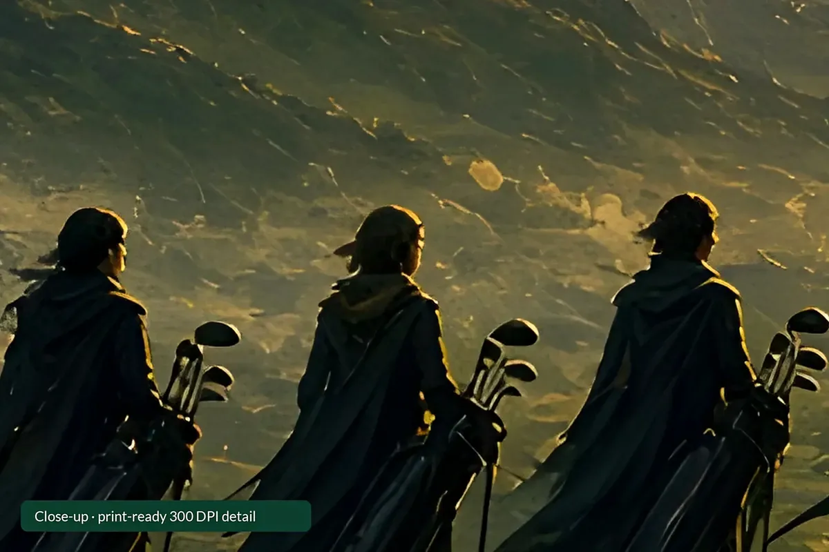 The Fellowship of the Bogey framed on a wall: a cloaked company carrying golf bags toward a distant green at sundown, printable golf wall art