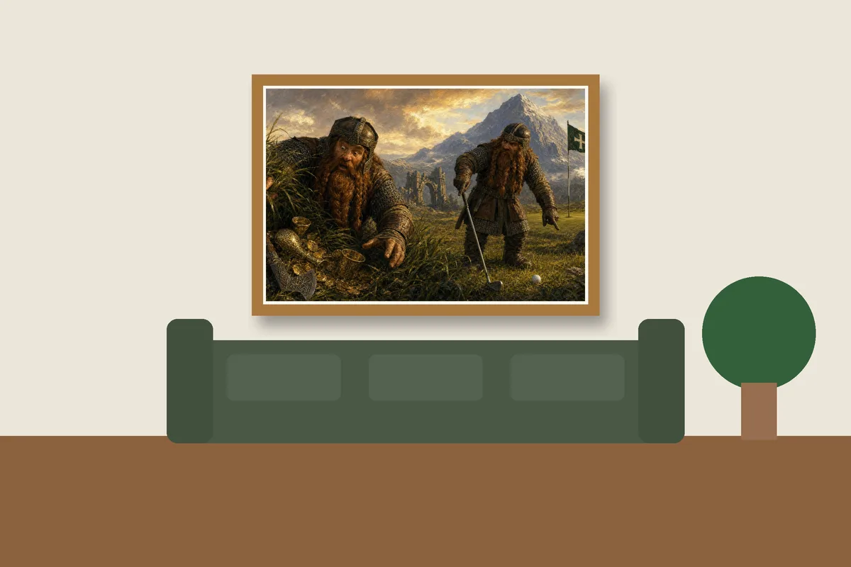 Lost Ball, Found Fortune framed on a wall, printable golf wall art