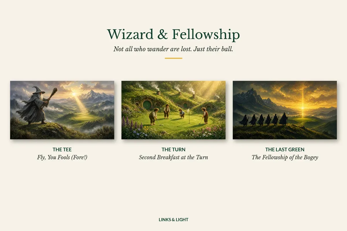 Wizard & Fellowship art print set of three, framed above a sofa: a wizard on the tee, village folk on a putting green, a company walking to the last green